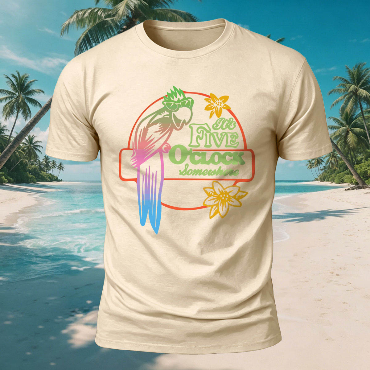 Parrot Fun Pattern Outdoor Casual 100% Cotton Tee Beige