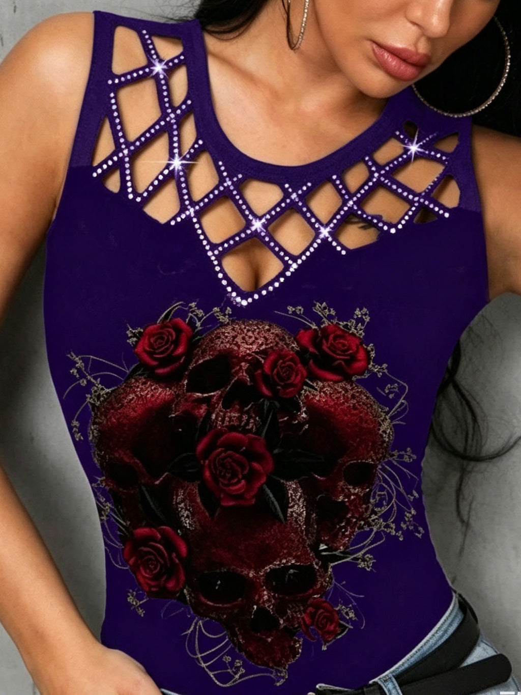 Openwork Patchwork Rose Print Women's Sleeveless Tank Top