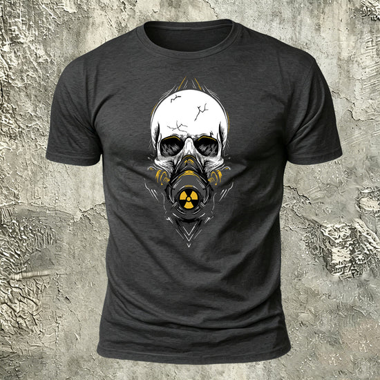 Gas Mask Skull Print Cotton Crew Neck T-Shirt Dark Grey