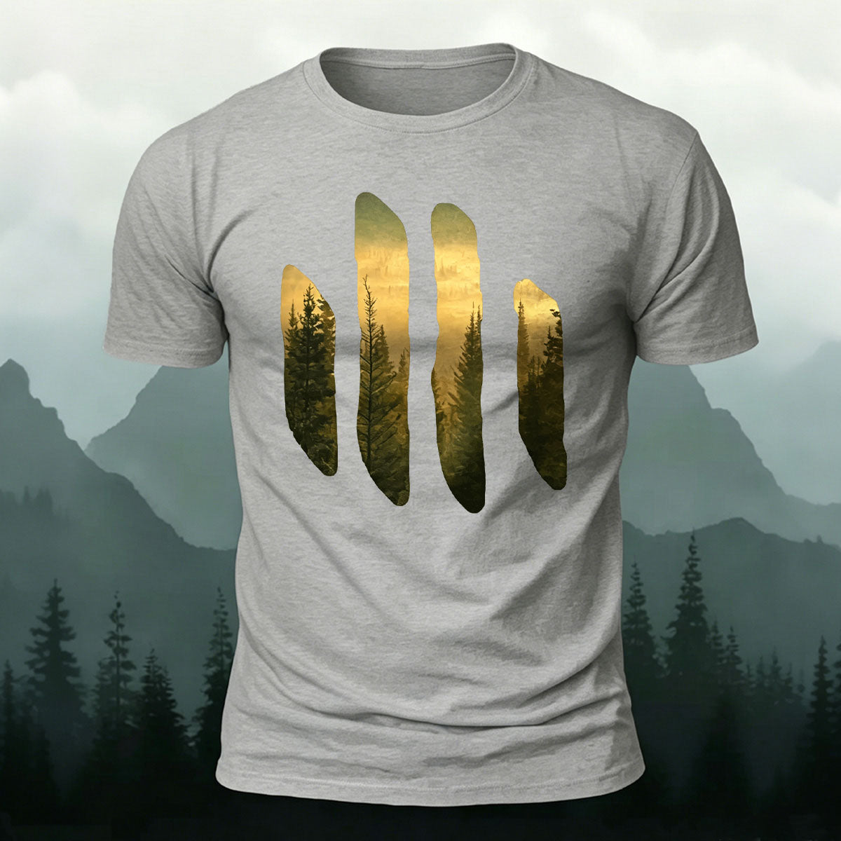 Beautiful Scenery Pattern Retro Casual Cotton T-Shirt grey