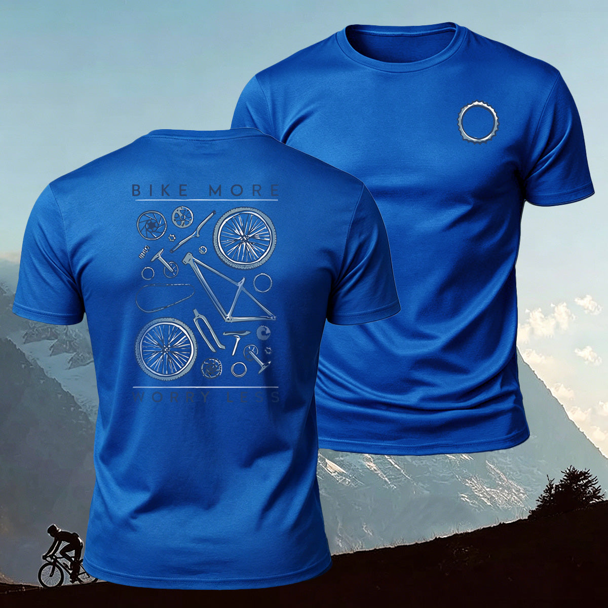 Bicycle Parts Print 100% Cotton Casual T-Shirt Blue