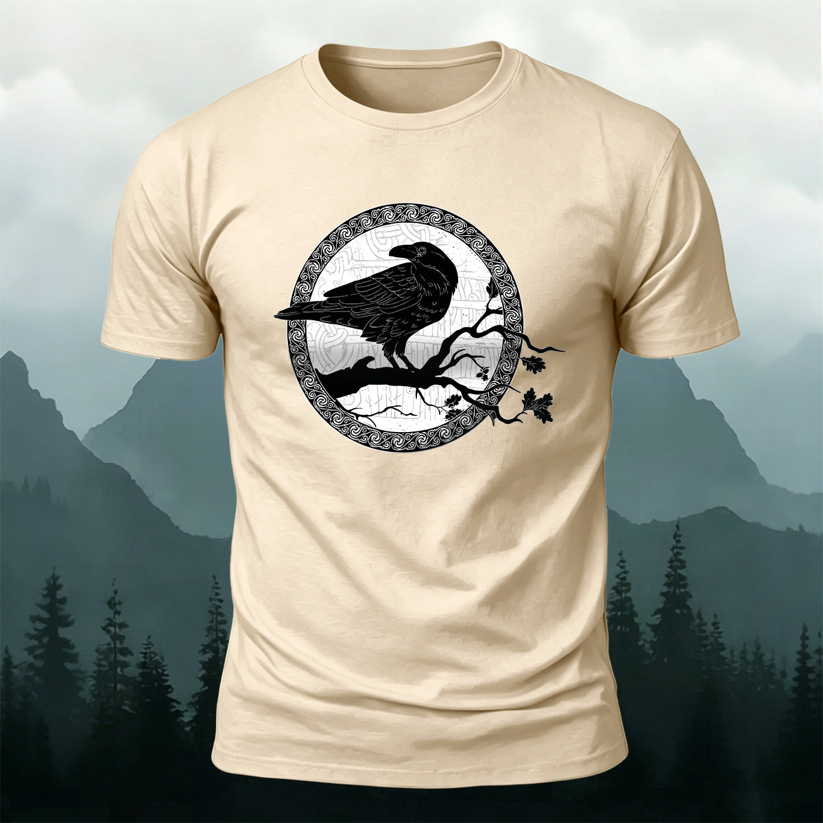 Circular Crow Silhouette Print  Casual Cotton T-Shirt