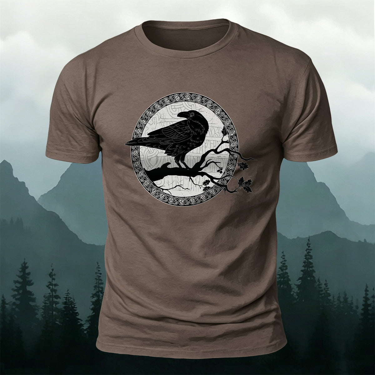 Circular Crow Silhouette Print  Casual Cotton T-Shirt