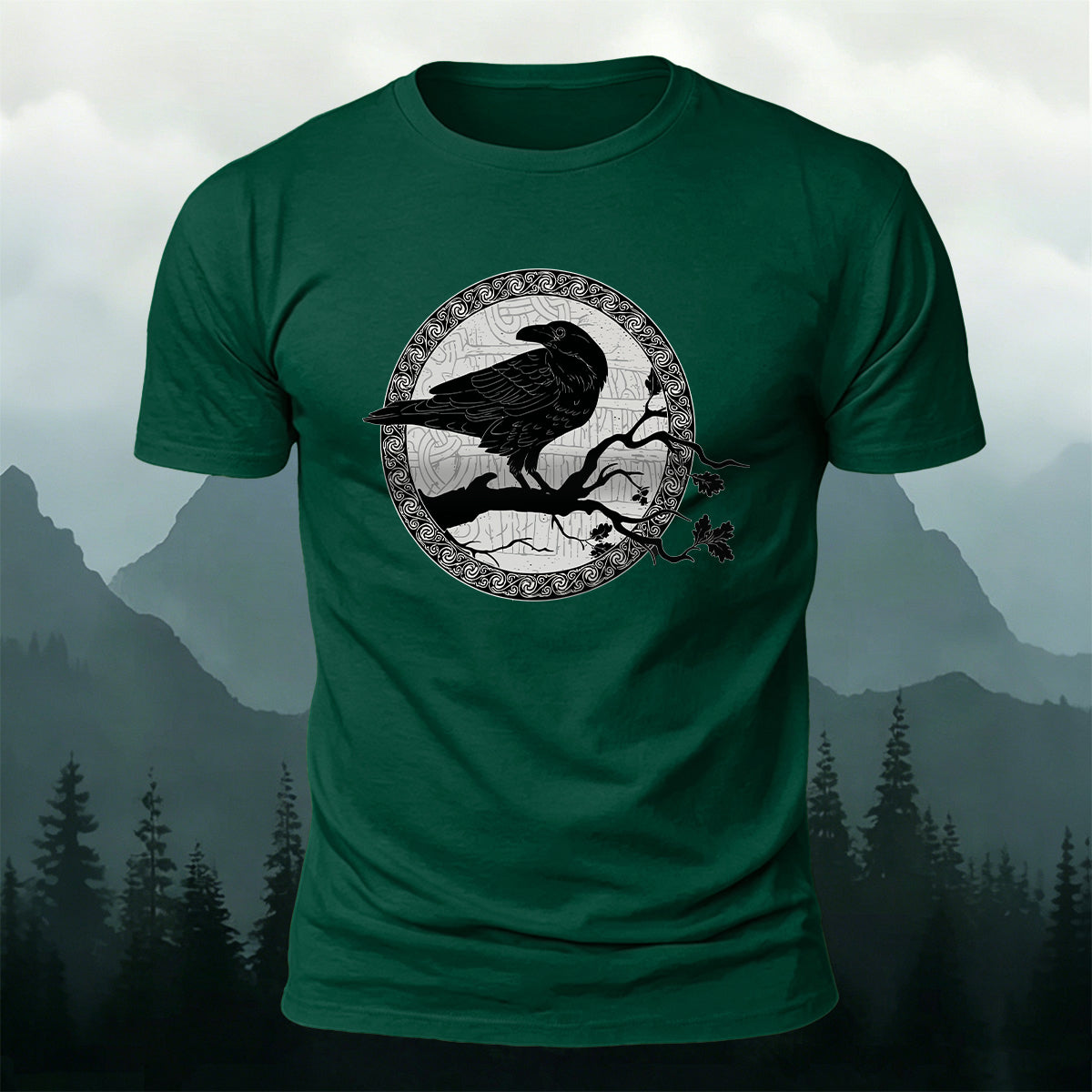 Circular Crow Silhouette Print  Casual Cotton T-Shirt