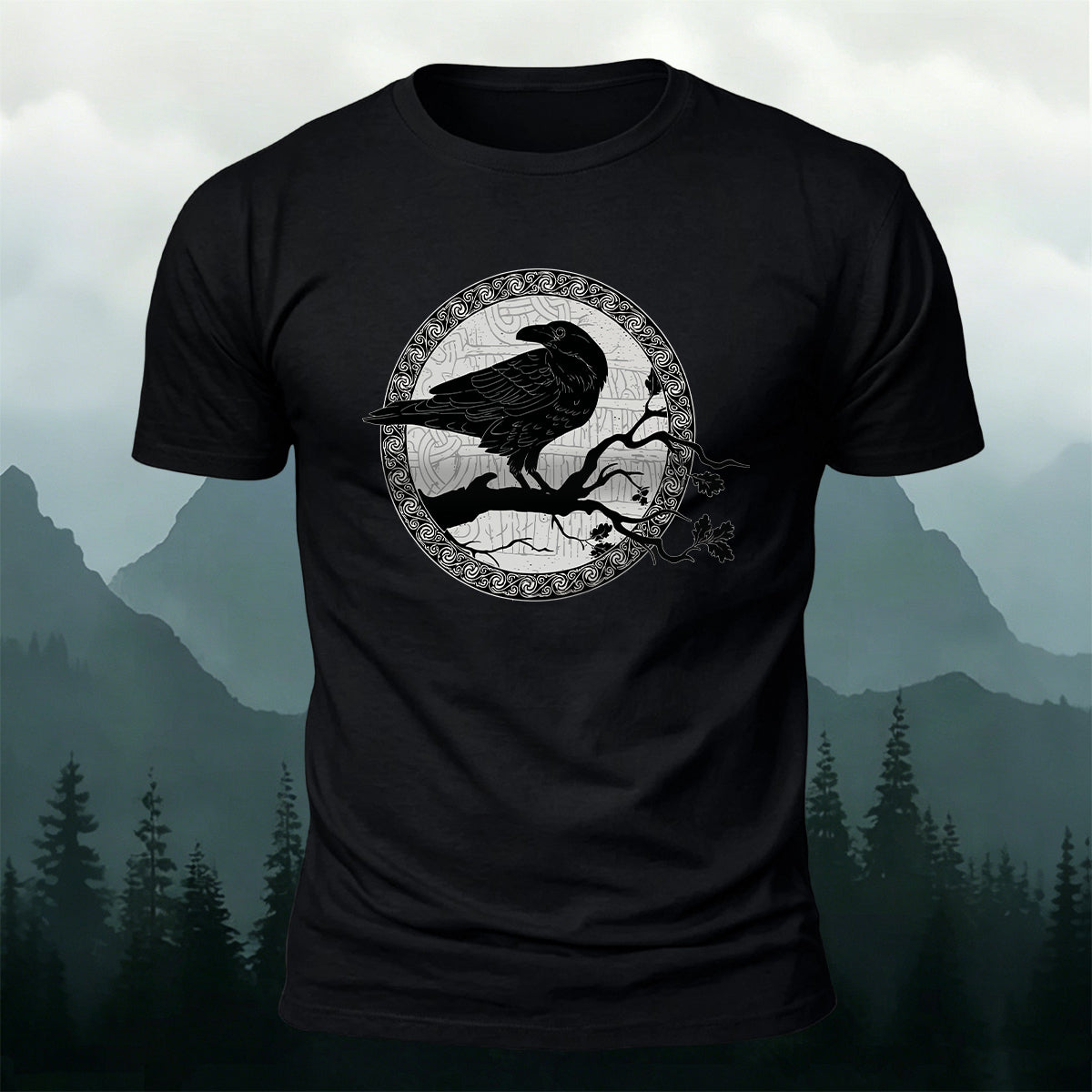 Circular Crow Silhouette Print  Casual Cotton T-Shirt