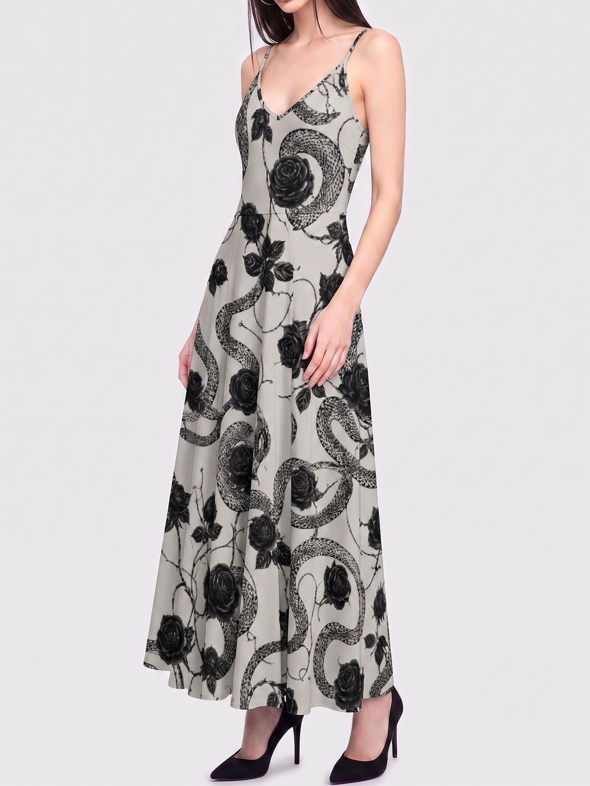 Elegant Rose-Patterned Snake Print Long Dress