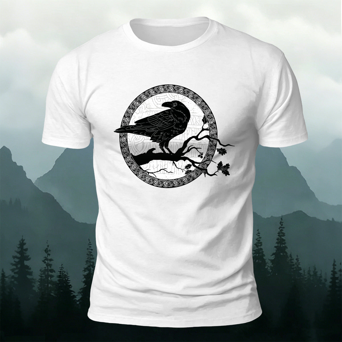 Circular Crow Silhouette Print  Casual Cotton T-Shirt