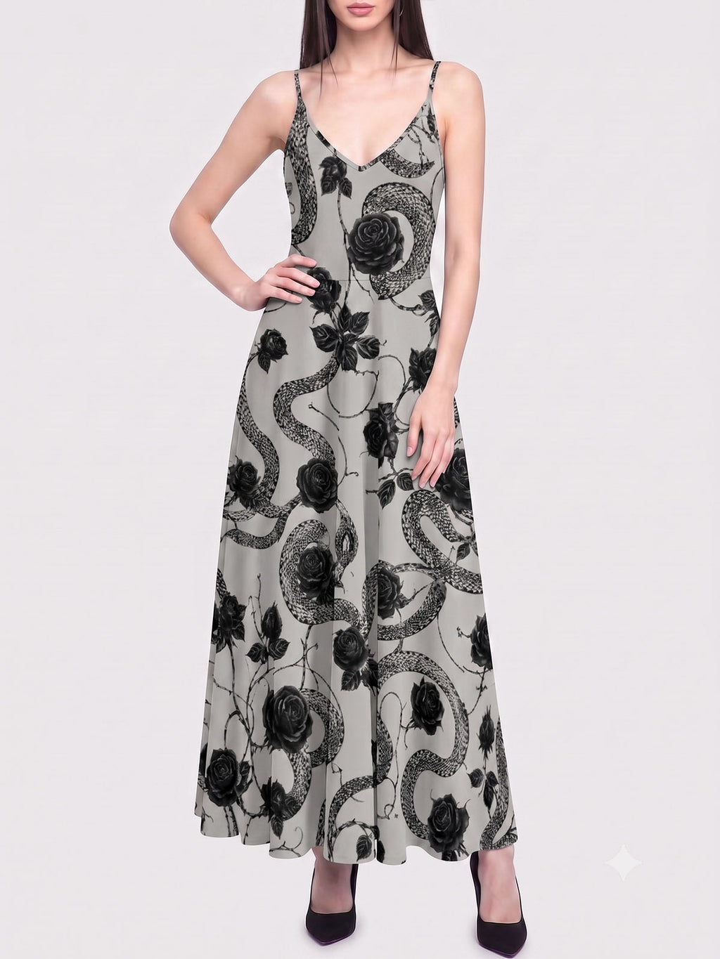 Elegant Rose-Patterned Snake Print Long Dress