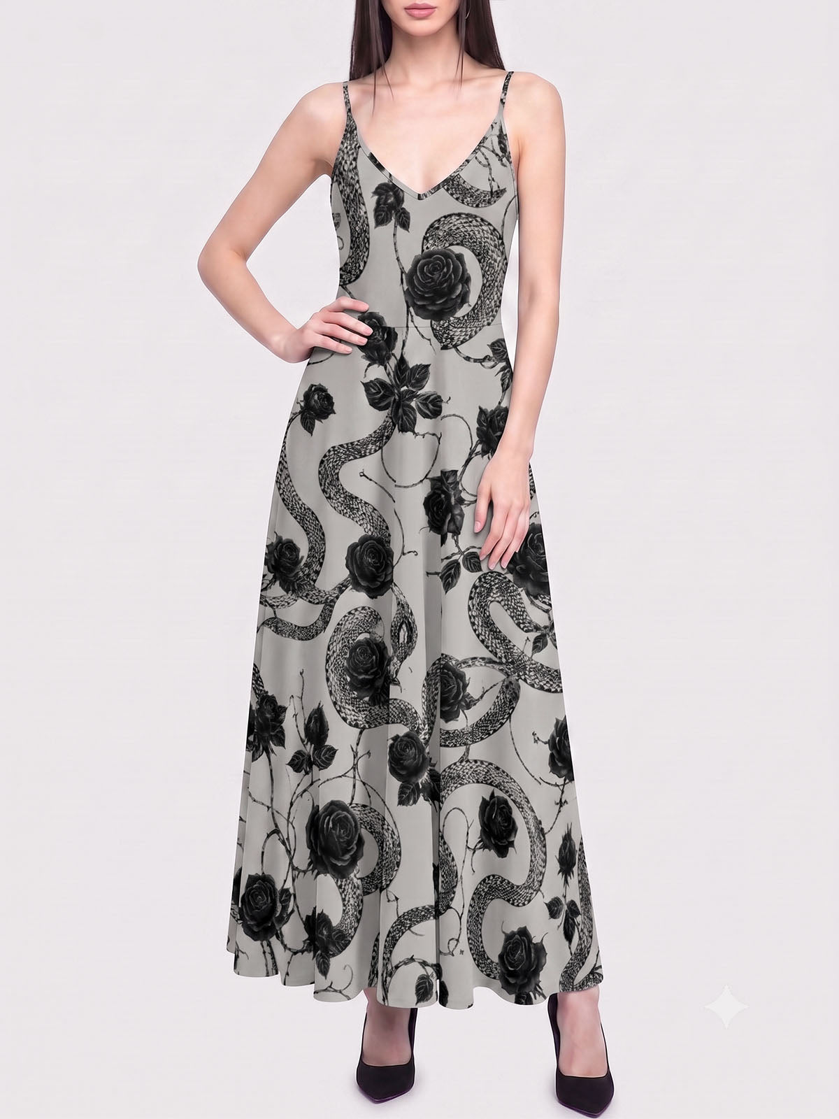 Elegant Rose-Patterned Snake Print Long Dress