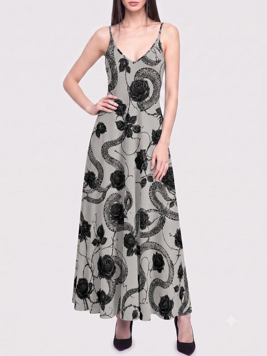 Elegant Rose-Patterned Snake Print Long Dress