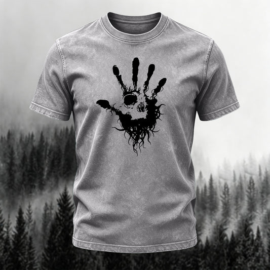 Washed Cotton Dark Handprint Print Casual T-Shirt