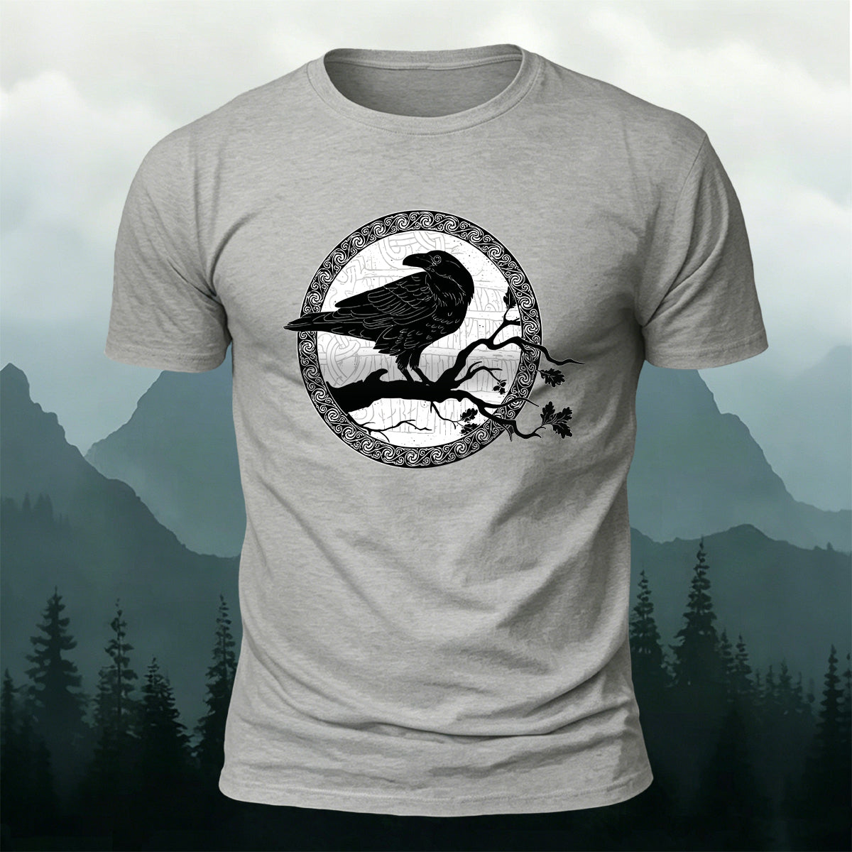 Circular Crow Silhouette Print  Casual Cotton T-Shirt