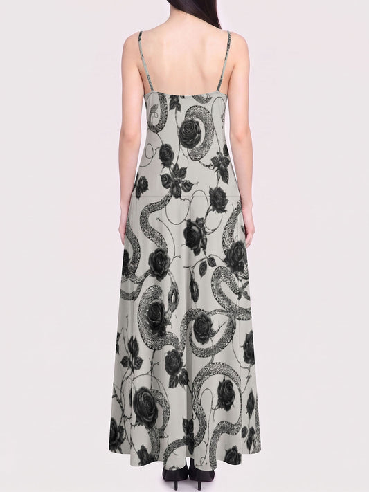 Elegant Rose-Patterned Snake Print Long Dress