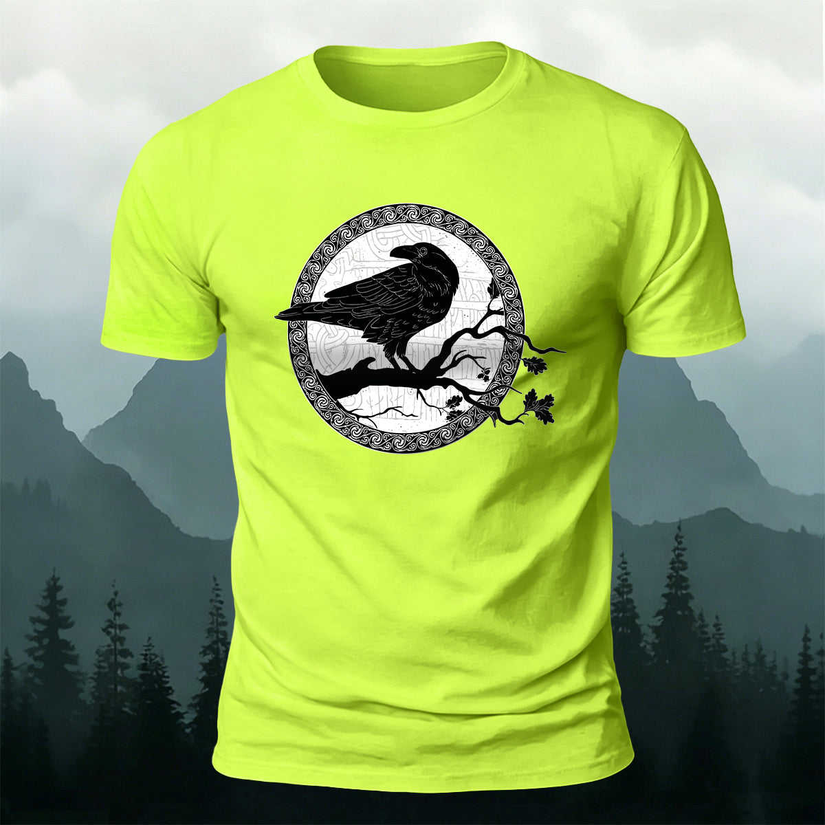 Circular Crow Silhouette Print  Casual Cotton T-Shirt