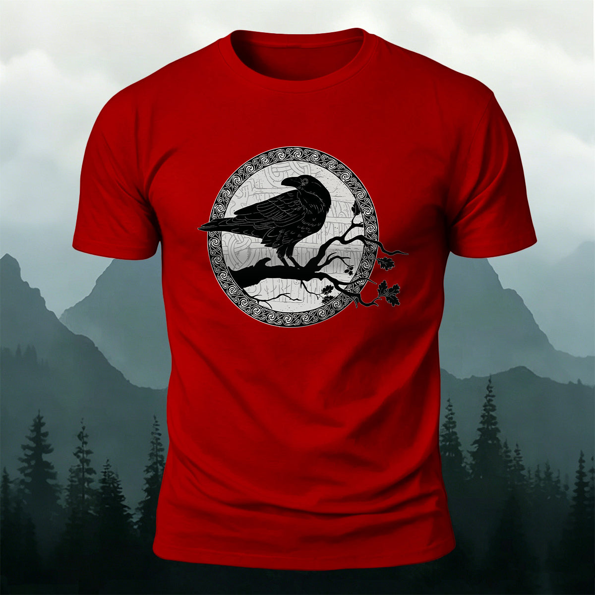 Circular Crow Silhouette Print  Casual Cotton T-Shirt