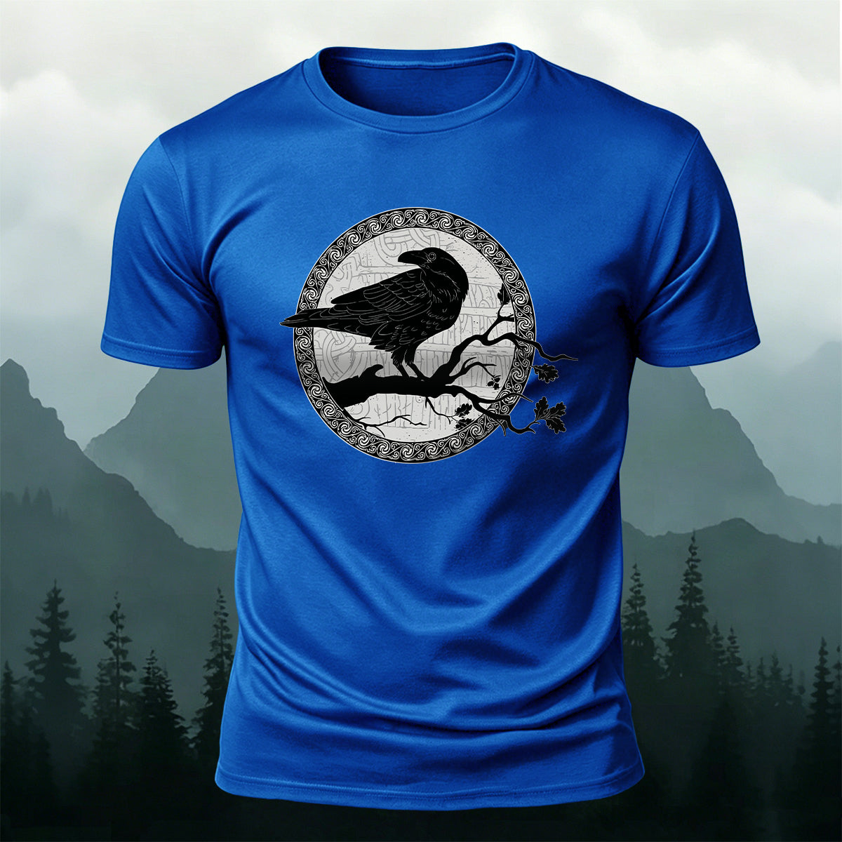 Circular Crow Silhouette Print  Casual Cotton T-Shirt