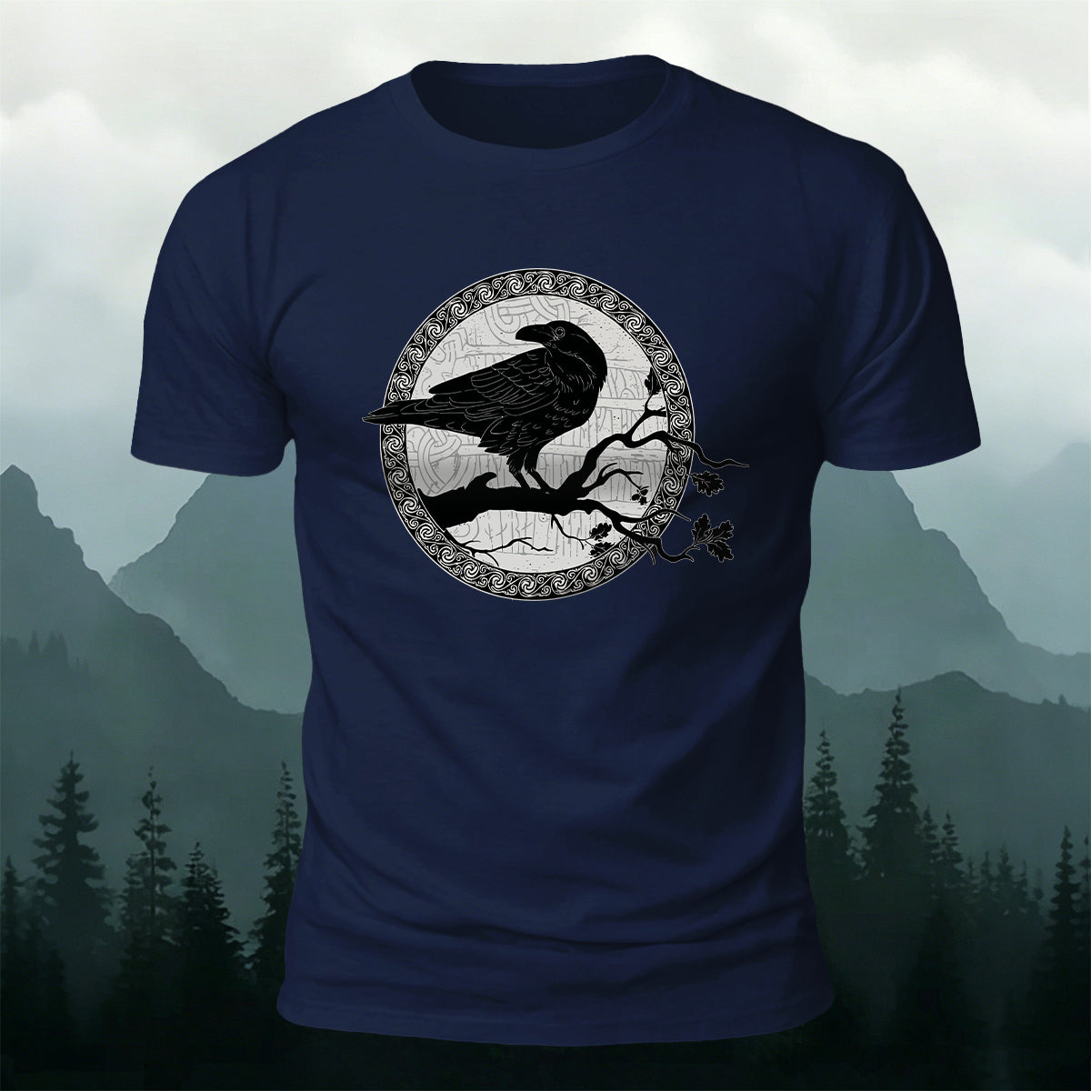 Circular Crow Silhouette Print  Casual Cotton T-Shirt