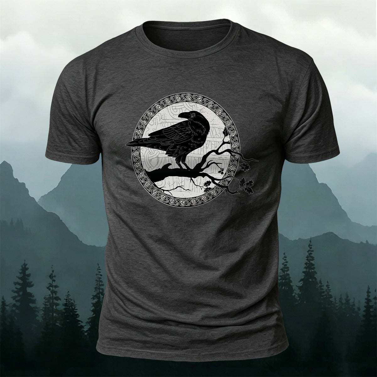 Circular Crow Silhouette Print  Casual Cotton T-Shirt