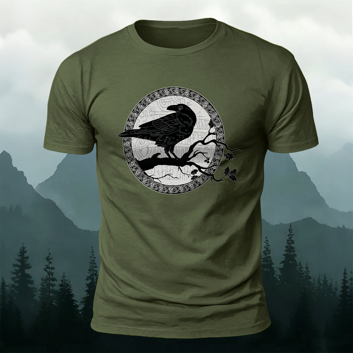 Circular Crow Silhouette Print  Casual Cotton T-Shirt