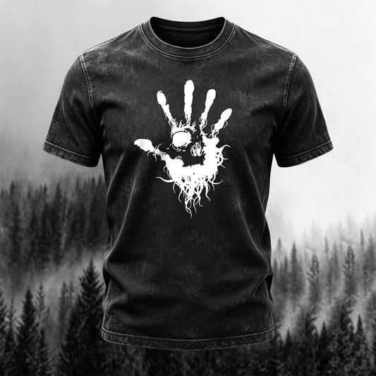 Washed Cotton Dark Handprint Print Casual T-Shirt