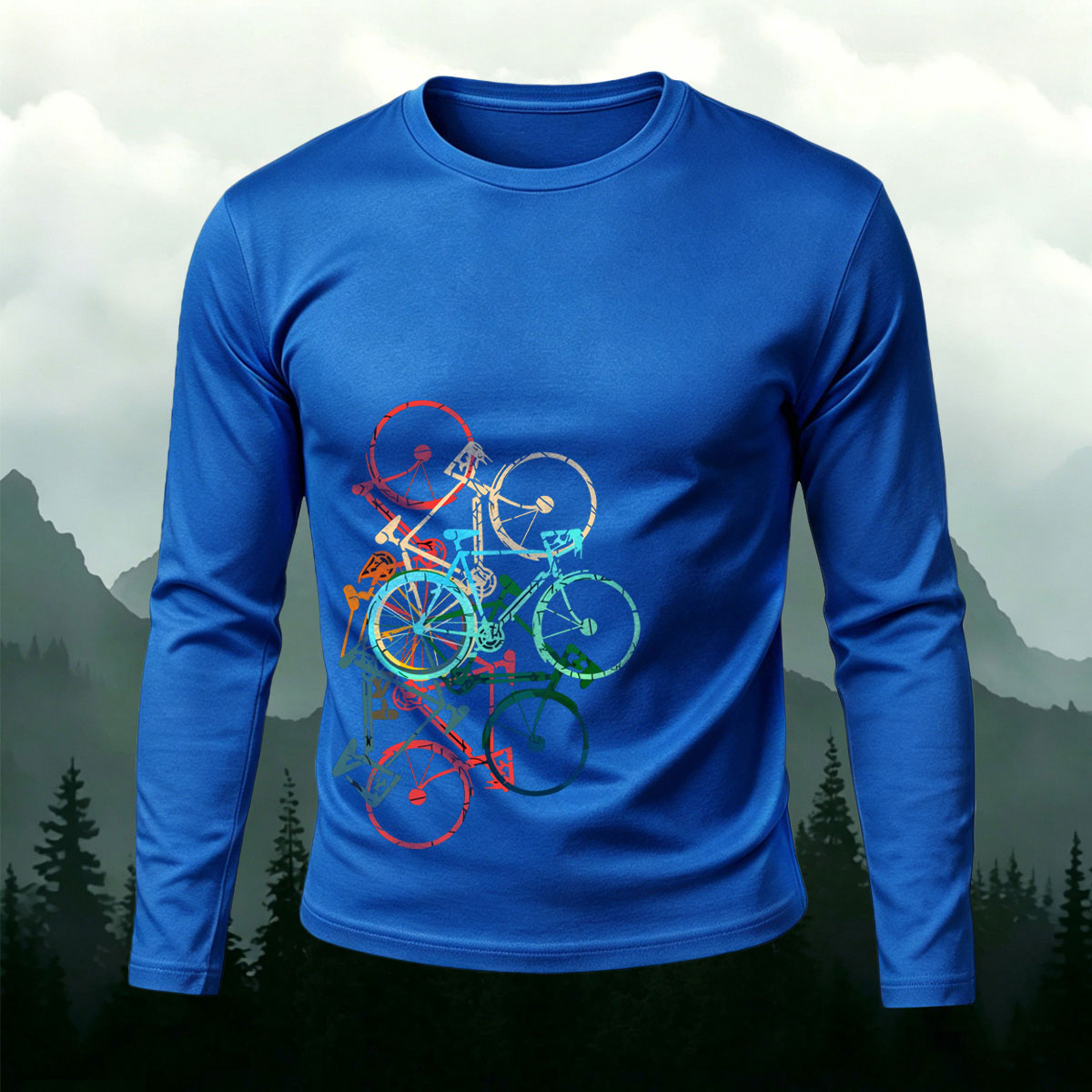 Colorful Bicycle Print Casual Cotton Long-Sleeve T-Shirt