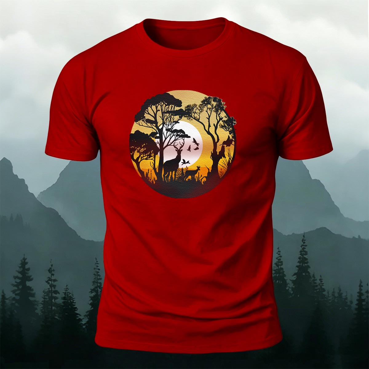 Lone Wolf in the Twilight Forest Printed Cotton Crew Neck T-Shirt