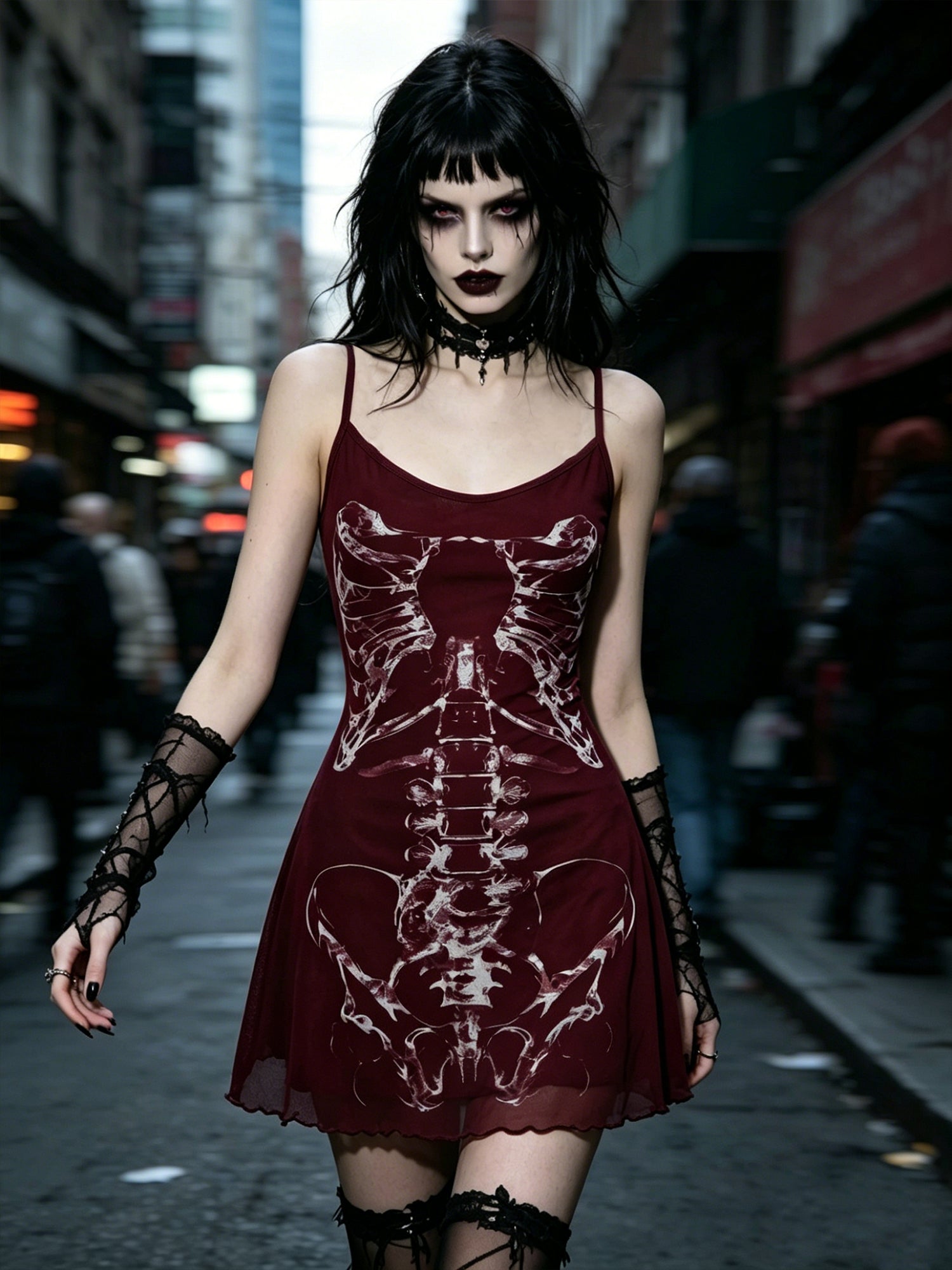 Dark-themed Skeleton-Print Bodycon Spaghetti-Strap Dress