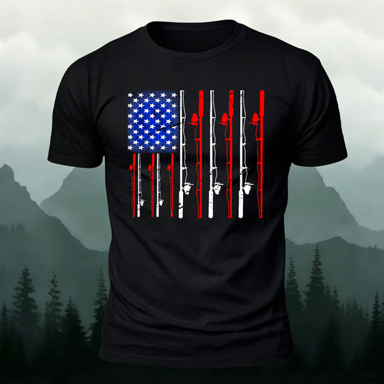 American-style Fishing Rod Pattern Cotton T-shirt Black