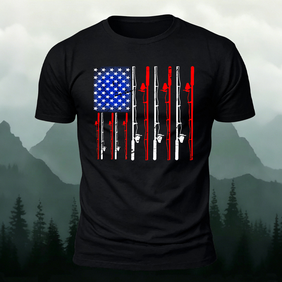 American-style Fishing Rod Pattern Cotton T-shirt Black