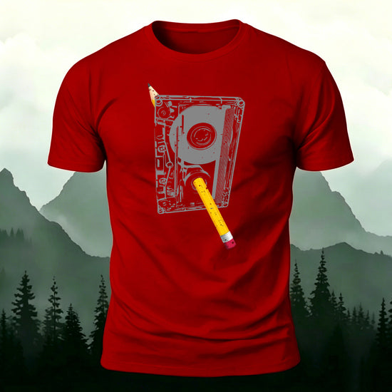 Pencil and Tape Pattern Soft-touch Feel T-Shirt Red