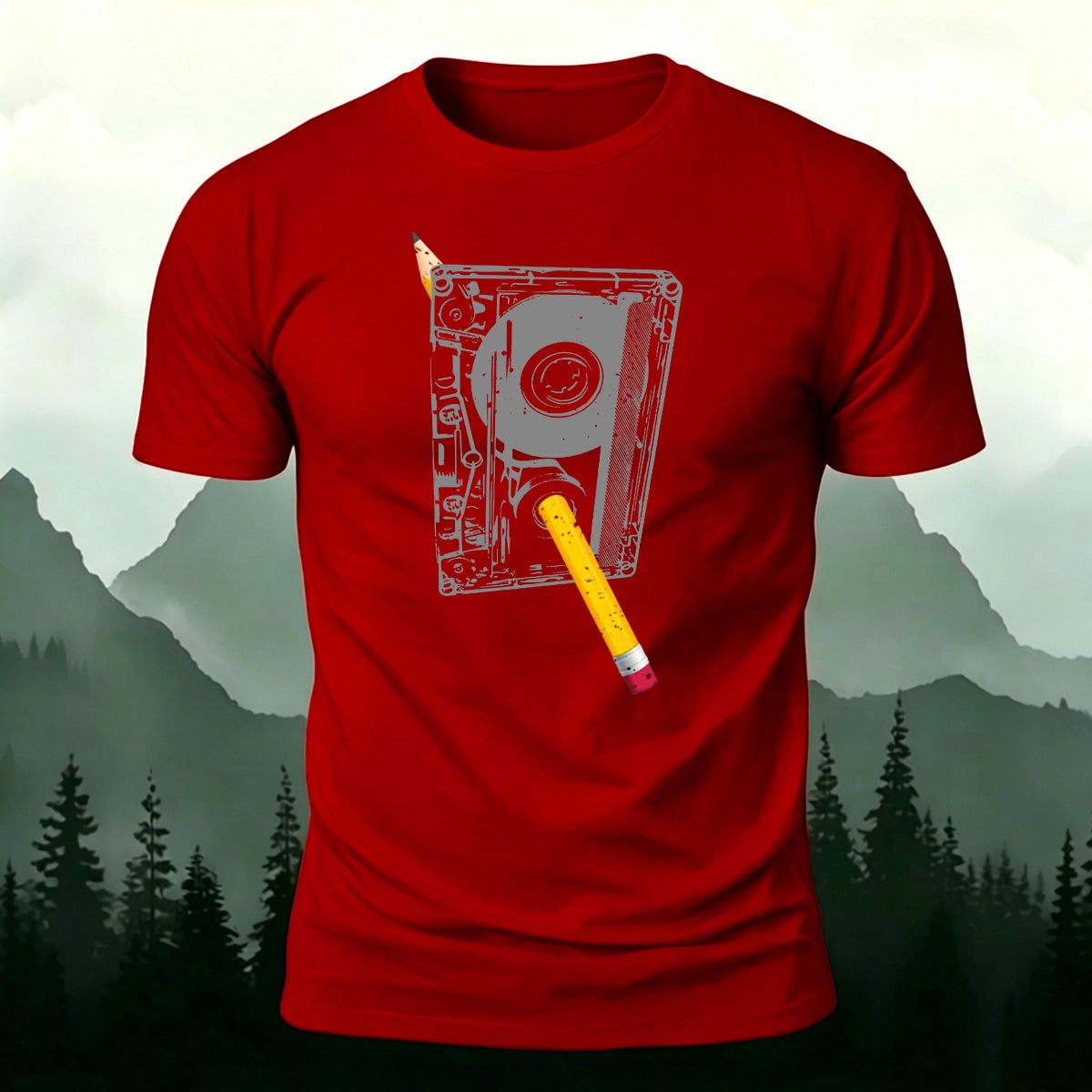 Pencil and Tape Pattern Soft-touch Feel T-Shirt Red