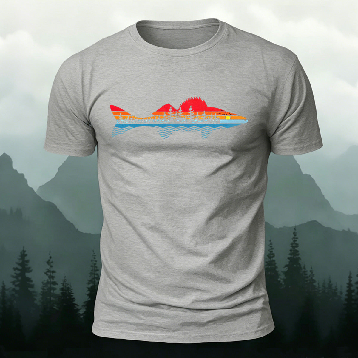 Morning Fishing Background Print Combed Cotton T-Shirt