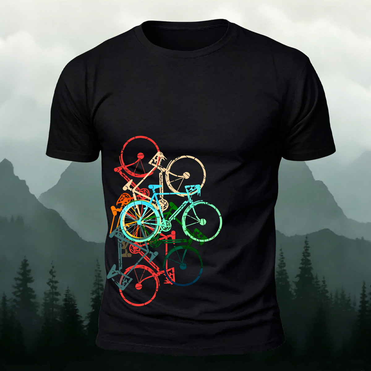 Colorful Bicycle Printed Soft-touch Feel Casual T-Shirt