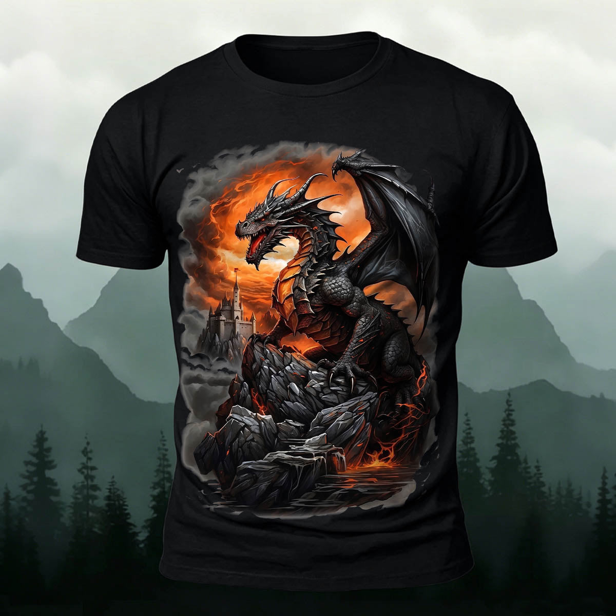 Dark Dinosaur Print Casual Crew Neck T-Shirt Black