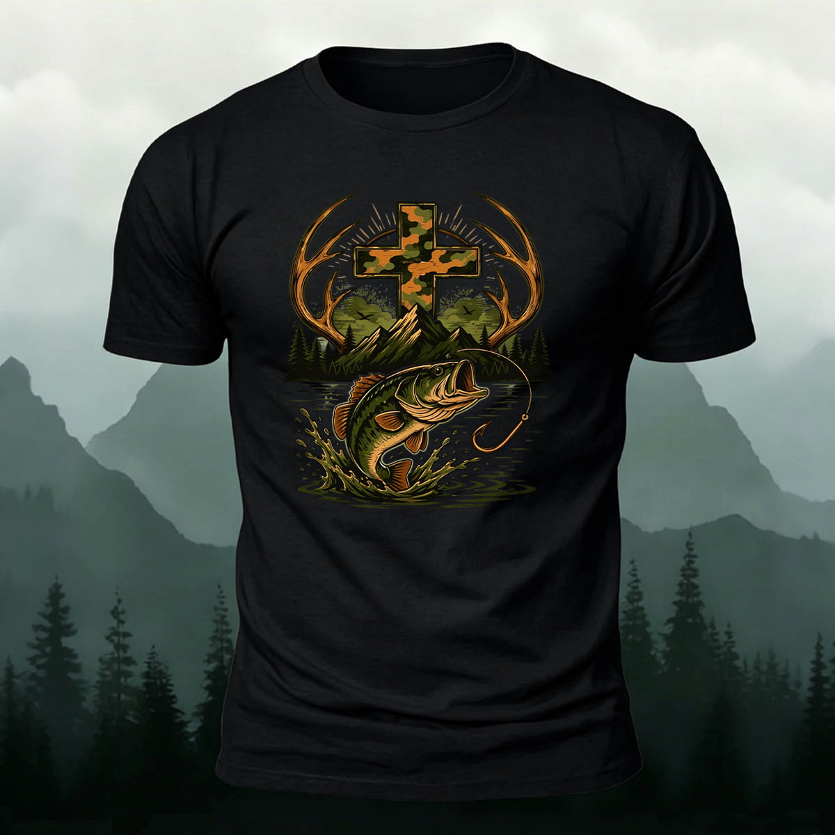 Fishing Cross Graphic Casual 100% Cotton T-Shirt