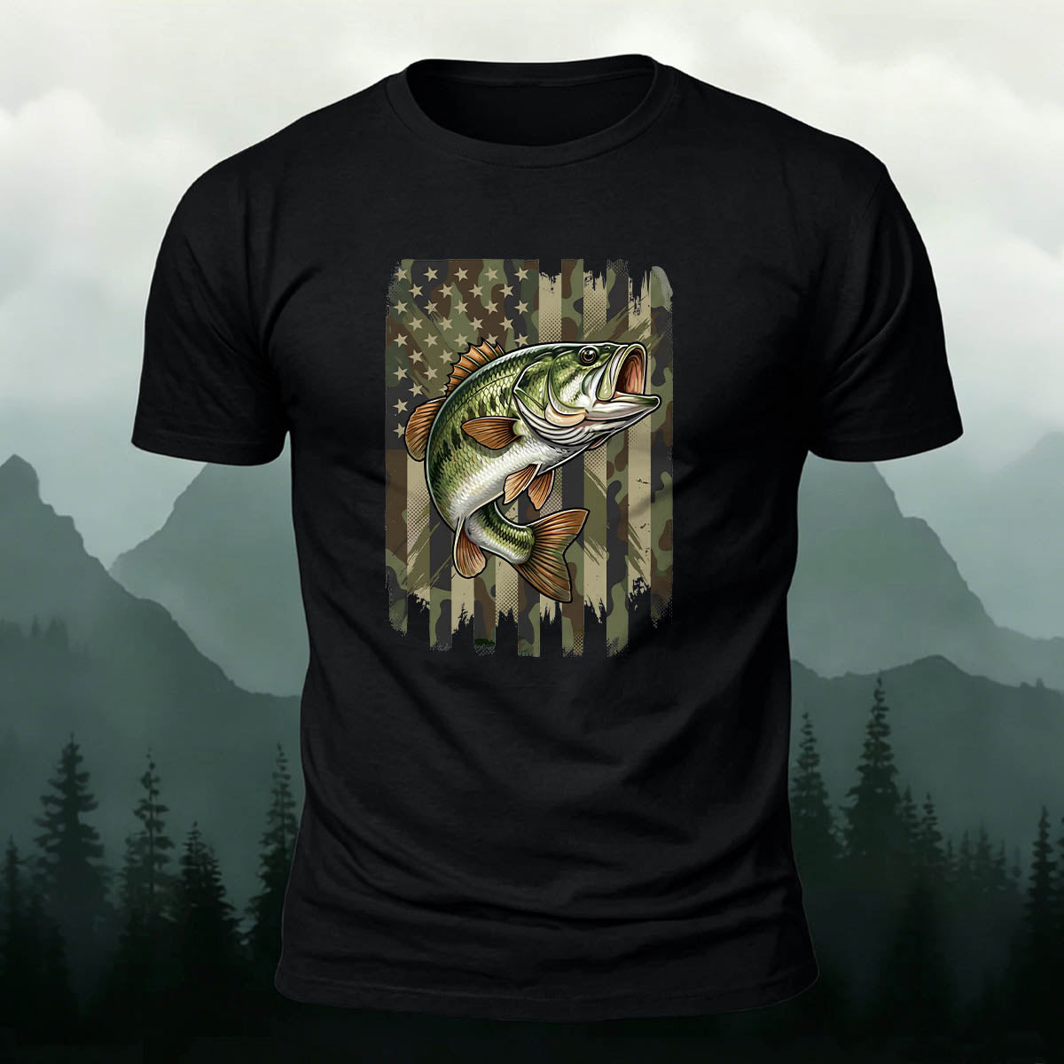 Black Bass Print Casual Versatile Cotton T-Shirt