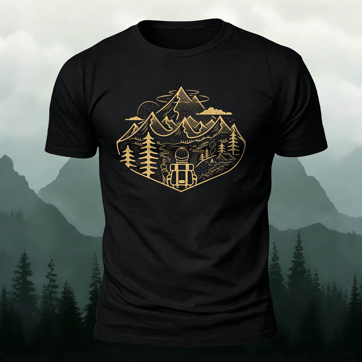Mountain Adventure Sketched Art Print Outdoor Cotton Tee