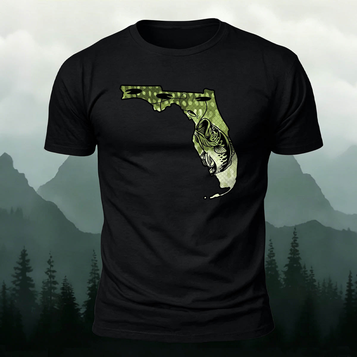 Big Catch Black Bass Print Casual Cotton T-Shirt