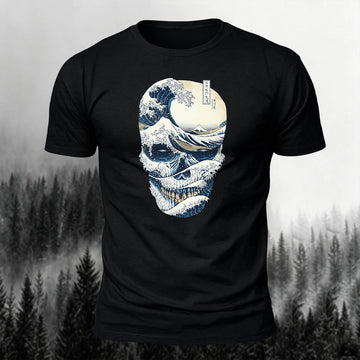 Cotton Skull Wave Art Print Outdoor T-Shirt