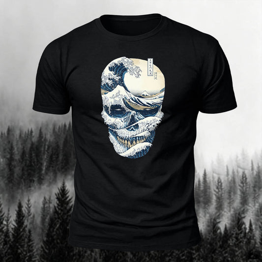 Cotton Skull Wave Art Print Outdoor T-Shirt