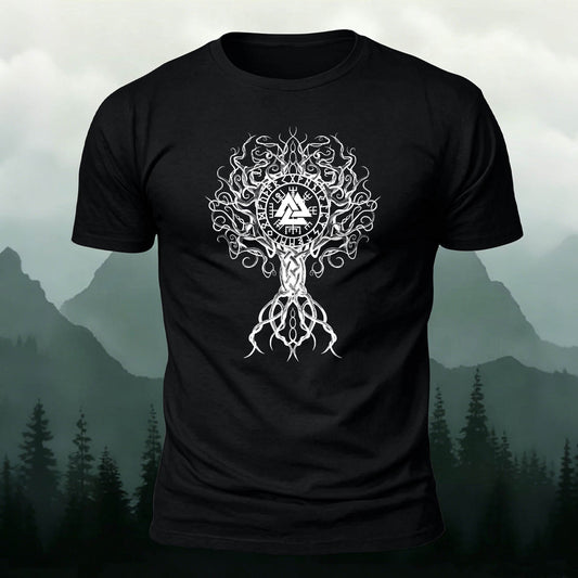 Cotton Vintage Viking Life Tree Line Art T-Shirt