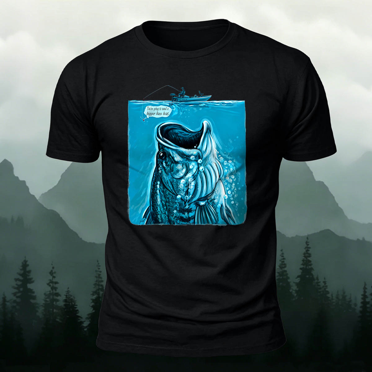 Black Bass Blue Print Casual Versatile Cotton T-Shirt