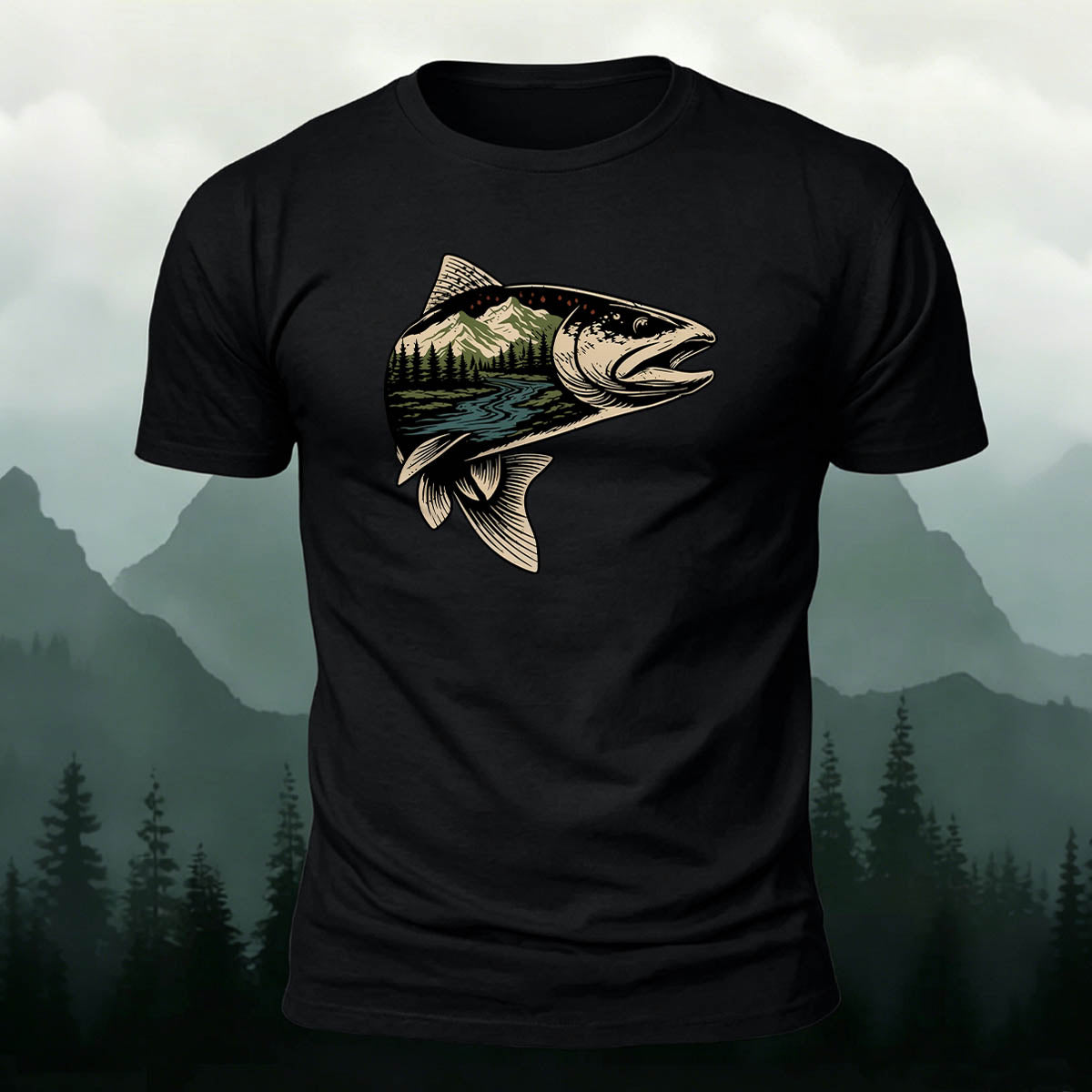 Trout Scenic Pattern Simple Casual Cotton T-Shirt