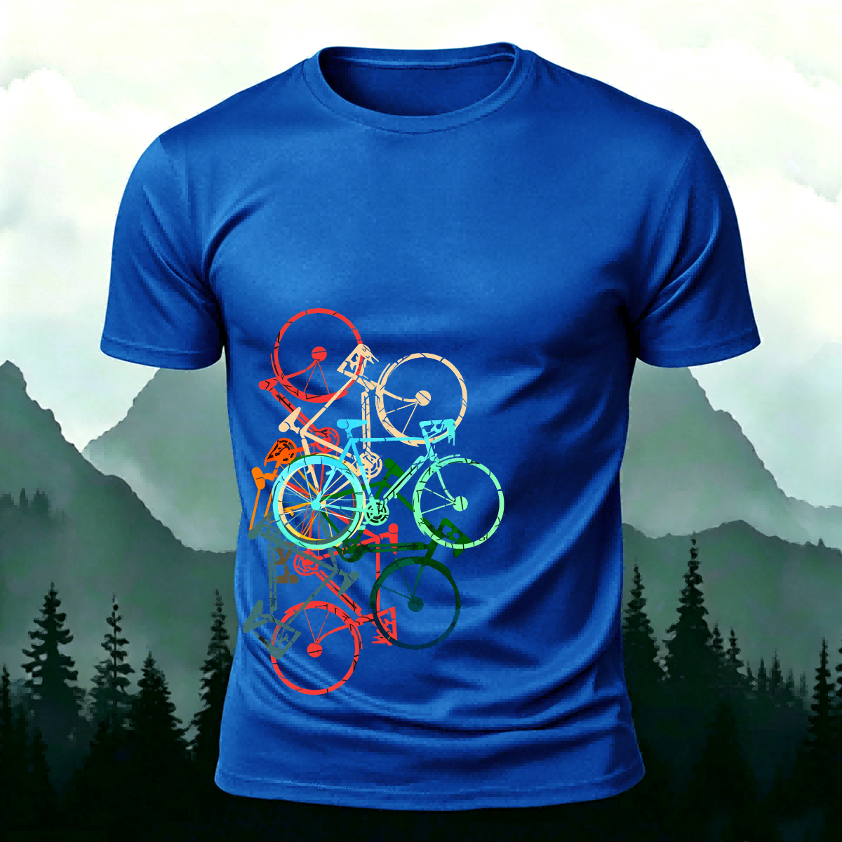 Colorful Bicycle Printed Soft-touch Feel Casual T-Shirt