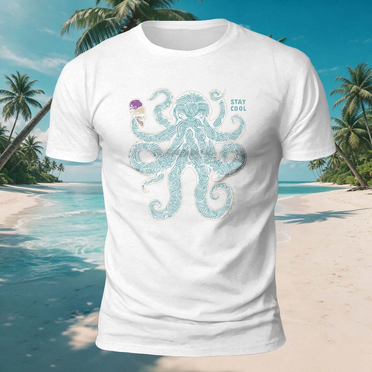 Octopus Eating Ice Cream Print Versatile Breathable Cotton Tee
