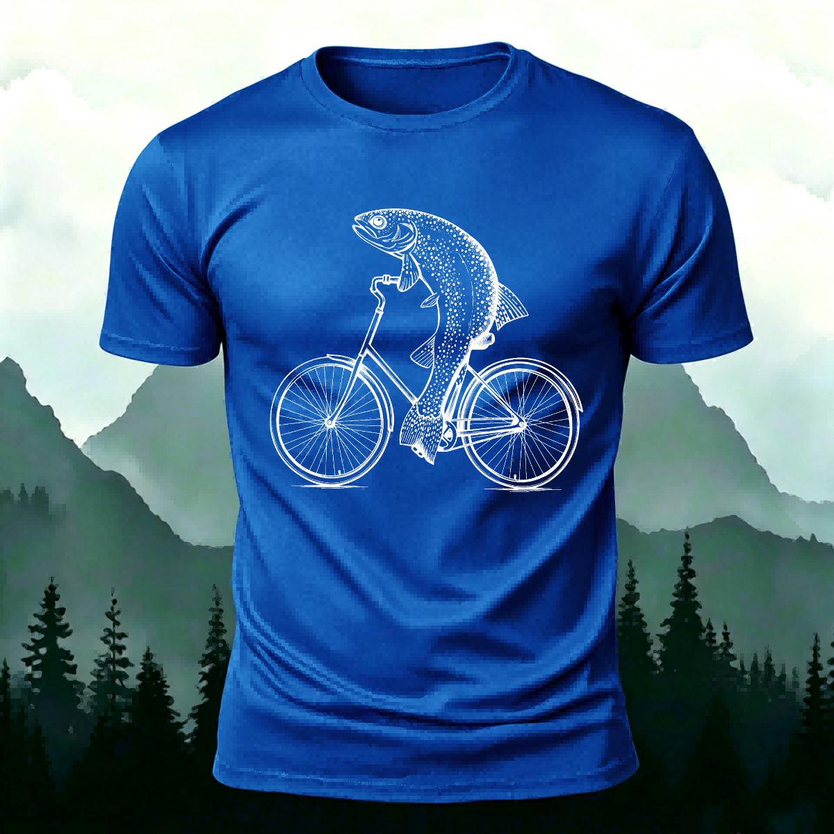 Fish Riding Bicycle Fun Pattern Cotton Casual T-Shirt Blue