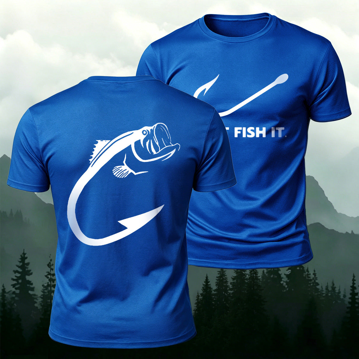 Fish and Hook Pattern Outdoor Style Casual T-Shirt Blue