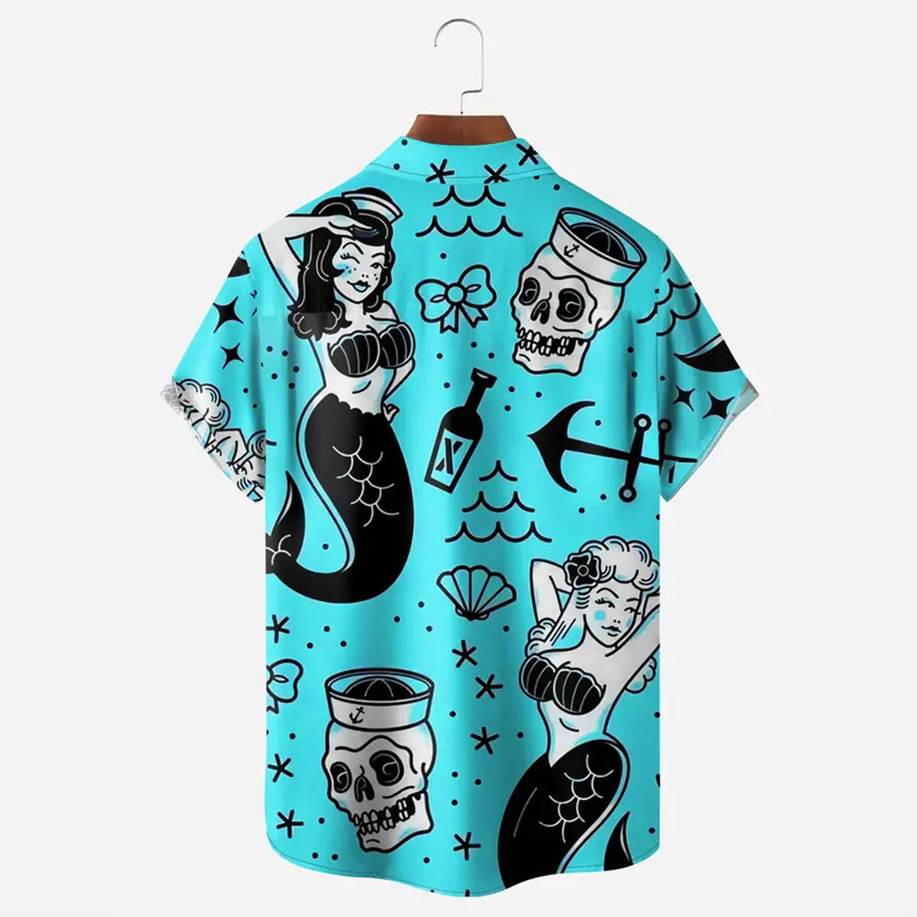 Mermaid Illustration Print Casual Beach Shirt 5