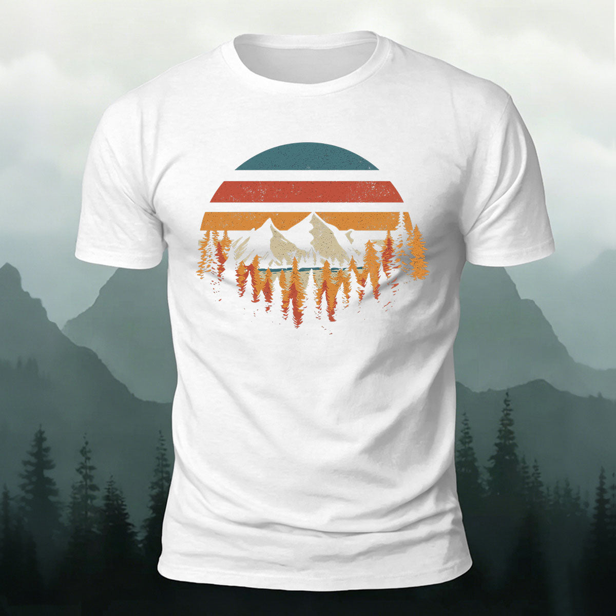 Mountain Landscape Pattern Retro Trend Cotton T-Shirt White