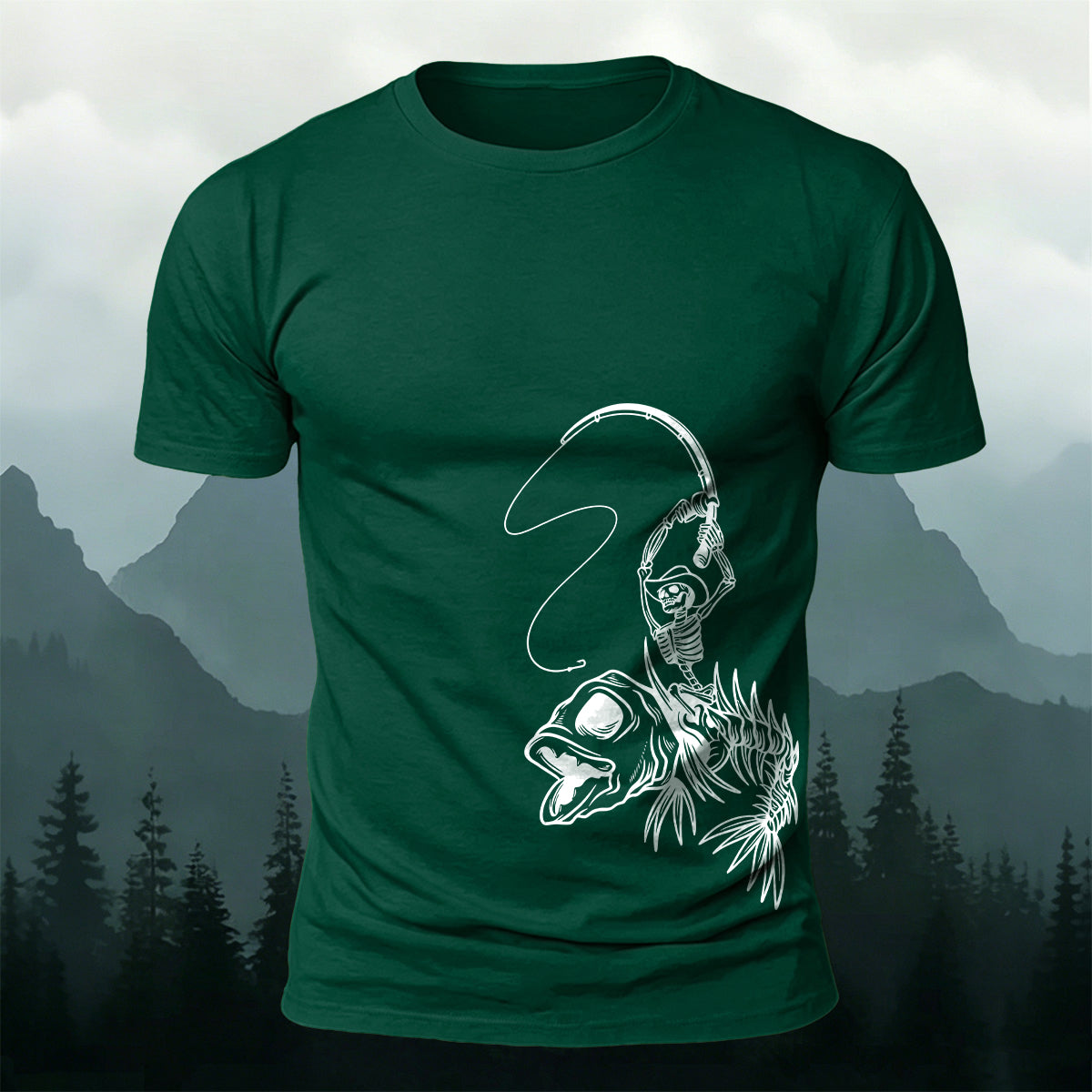 Fishbone Fishing Series Printed Round-Neck Cotton T-Shirt